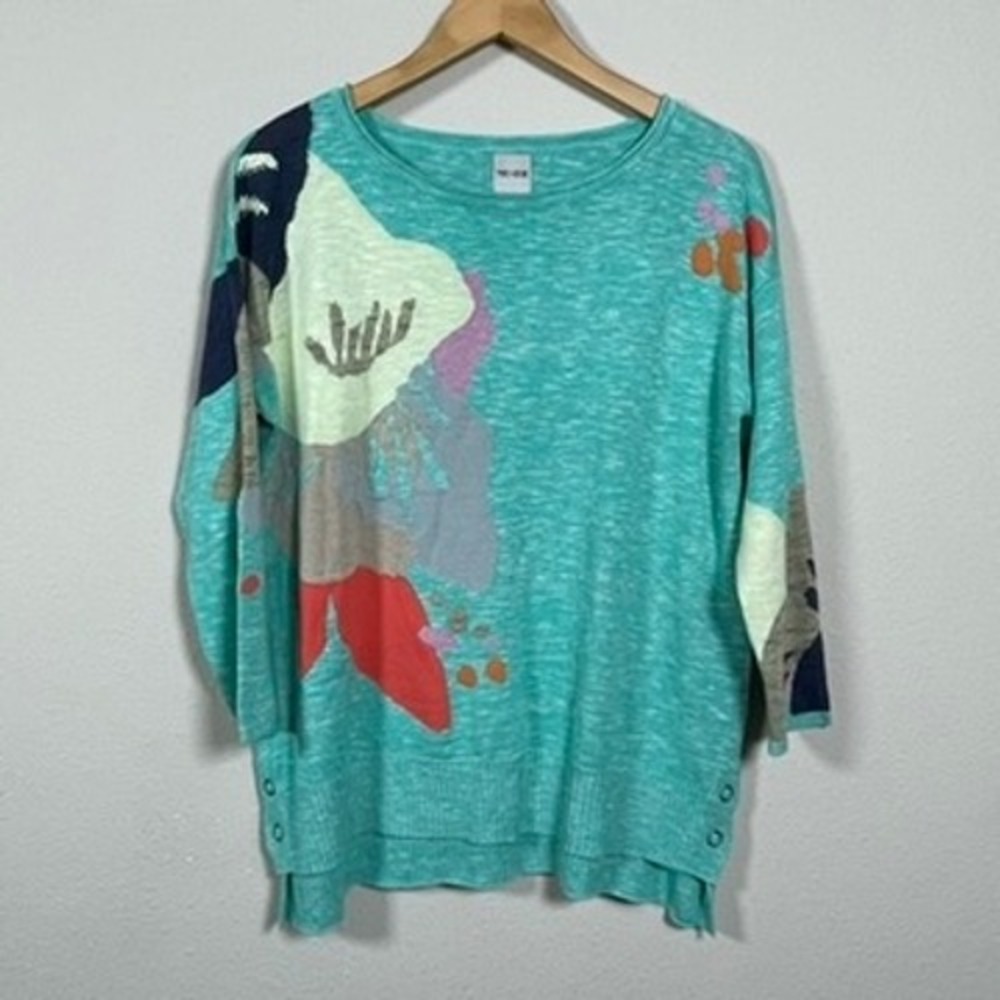 NIC+ZOE‎ Floral Knit Sweater Women Medium Teal Excellent 3/4 Sleeve Side Button